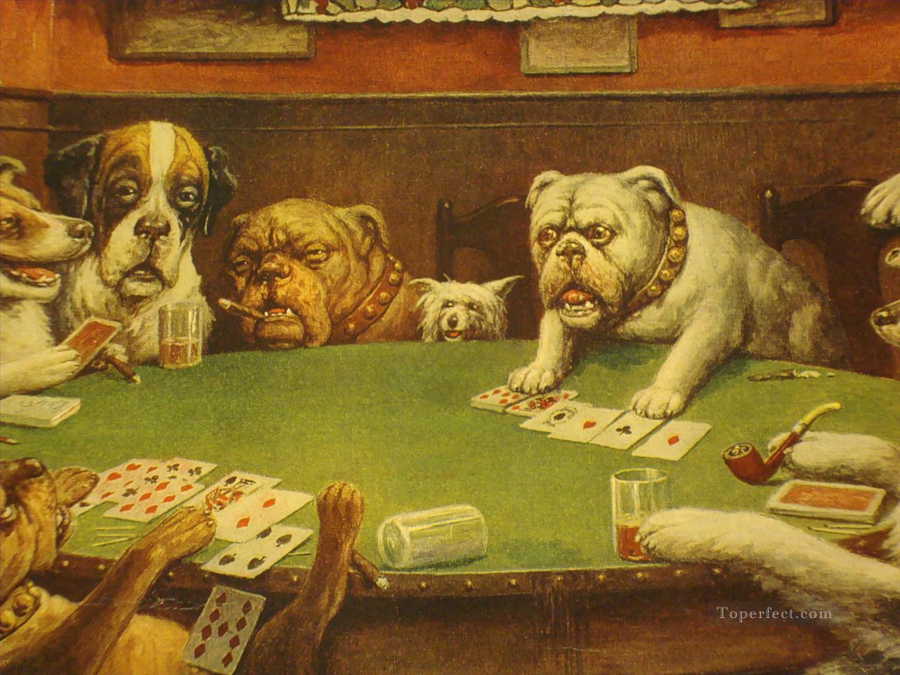 ポーカーをする犬 黄色油絵